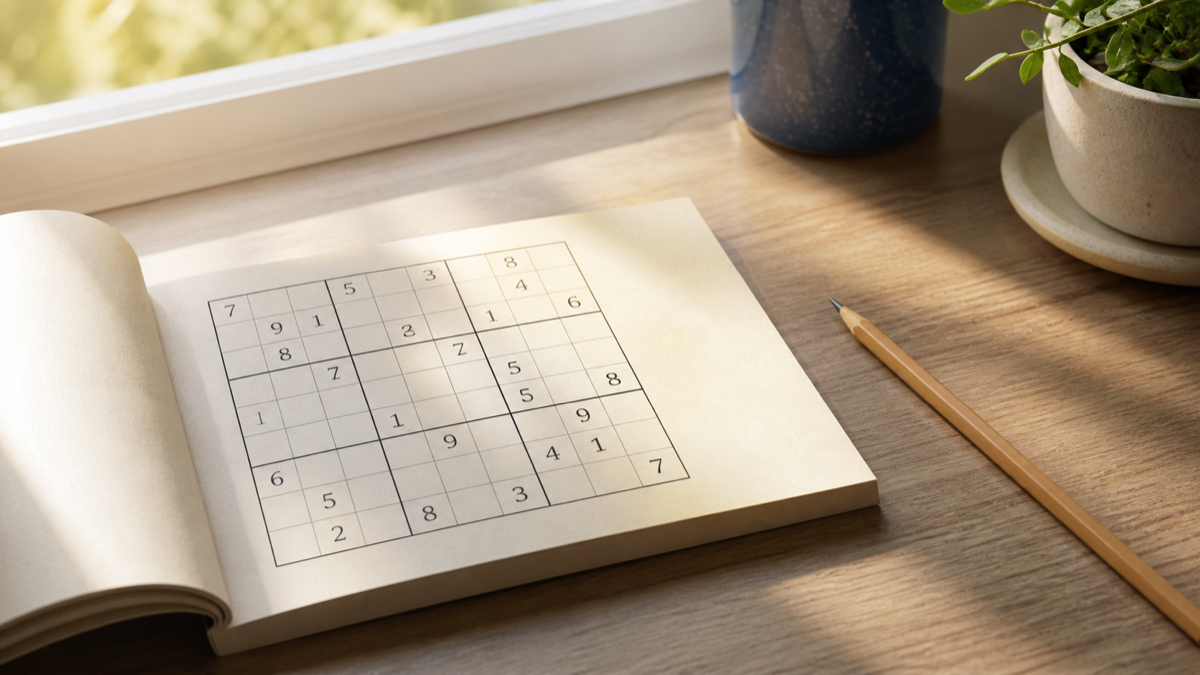 A Sudoku puzzle book and pencil on a calm wooden desk